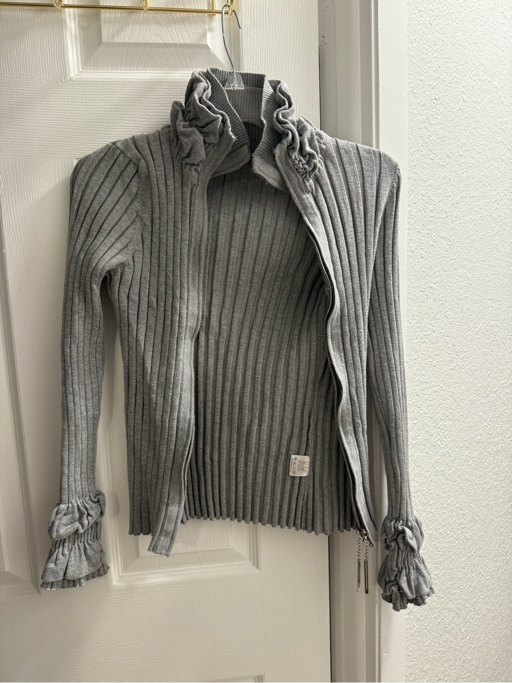 Belldini Gray Ribbed Zip Cardigan with Ruffle Collar & Cuffs